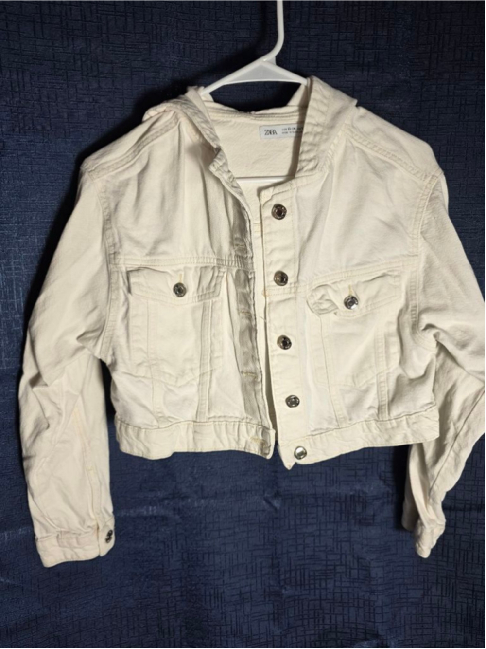 Juniors ZARA White Cropped Hooded Jean Jacket Size 13 preppy